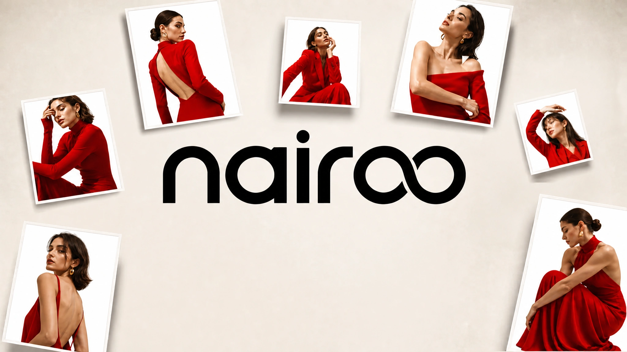 nairoo — merkezde nairoo logotipi, çevresinde yapay zekâ ile üretilmiş kırmızı elbiseli editoryal marka çekimlerinden bir kolaj